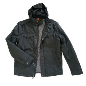 DOCKERS Zip & Snap Up Long Sleeve Black Hooded Jacket w/ Lining Men's Sz Med